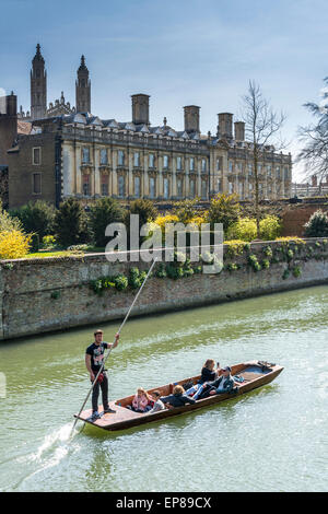 Punting sul fiume Cam in Cambridge Inghilterra tiene nella famosa dorsi dei Collegi Universitari, qui, Clare College Foto Stock