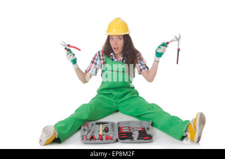 Giovane donna con toolkit su bianco Foto Stock