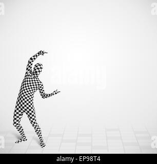 Funny guy nel corpo morphsuit suit guardando lo spazio di copia Foto Stock