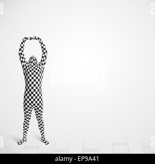 Funny guy nel corpo morphsuit suit guardando lo spazio di copia Foto Stock