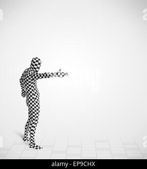Funny guy nel corpo morphsuit suit guardando lo spazio di copia Foto Stock