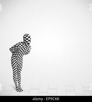 Funny guy nel corpo morphsuit suit guardando lo spazio di copia Foto Stock