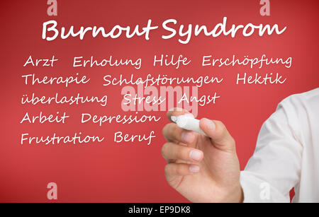 La scrittura a mano diverse parole sulla Sindrome di burnout in tedesco Foto Stock