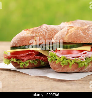 Zwei baguette belegt mit Salami und Schinken Foto Stock