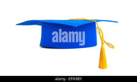 Graduazione blu con cappuccio oro fiocco isolato su uno sfondo bianco Foto Stock