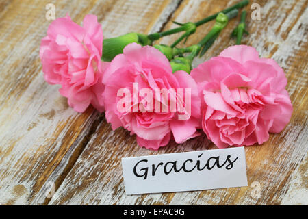 Gracias (che significa grazie in spagnolo) Scheda con tre garofani rosa su legno rustico Foto Stock