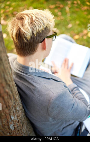 Ragazzo adolescente o giovane libro lettura all'aperto Foto Stock