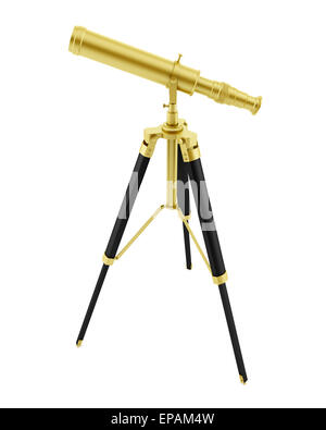 Golden telescopio su treppiede isolato su bianco Foto Stock