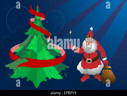 Babbo Natale sul albero di Natale accende le stelle Illustrazione Vettoriale