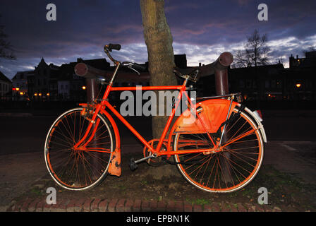 Bicicletta rosso parcheggiato contro un albero, Paesi Bassi Foto Stock