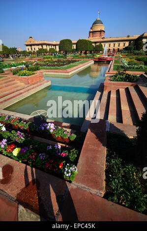 Giardini Mughal verticale di una visione più ampia del magnifico giardino di Palazzo presidenziale in background. Foto Stock