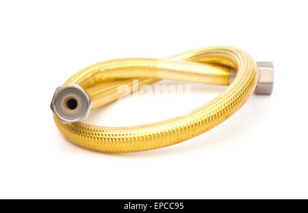 Oro tessuto tubo metallico su sfondo bianco Foto Stock