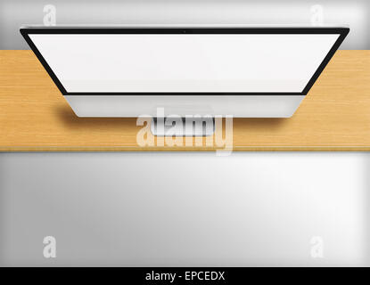 Moderno computer monitor con schermo vuoto sulla scrivania in legno e uno sfondo grigio. Vista frontale dall'alto. Altamente dettagliate illustrat Foto Stock