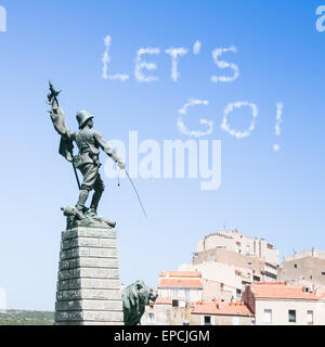 Le truppe in avanti. andiamo a bordo! Metafora con scritte con testo cloud Foto Stock