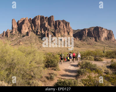 Escursione al tramonto verso la superstizione Mountain, Tesoro Loop Trail, Lost Dutchman State Park, Apache Junction, Arizona. Foto Stock