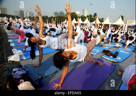 Jakarta, Indonesia. Il 17 maggio 2015. Persone di partecipare a una sessione di yoga durante una massa esercizi yoga al Monumento Nazionale di Jakarta, Indonesia, 17 maggio 2015. Migliaia di persone si sono unite a una sessione di yoga, che è riuscito a rompere il record nazionale. © Agung Kuncahya B./Xinhua/Alamy Live News Foto Stock