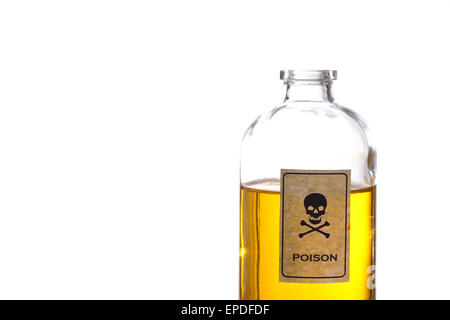 Bottiglia di veleno, segno vintage e isolato su bianco Foto Stock