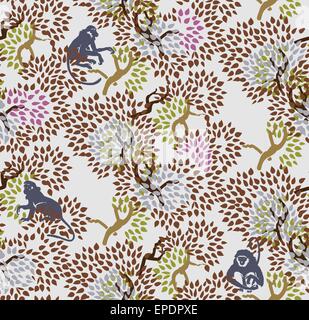 Abstract floral seamless pattern. Alberi e scimmie. Foresta esotica sfondo motif Illustrazione Vettoriale