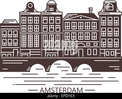 Vecchia Amsterdam Holland case sul ponte vettore illustrazione marrone Illustrazione Vettoriale