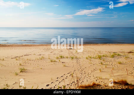 Seascape con impronte su una soleggiata spiaggia vuota. Mar baltico a riva, Pomerania, Polonia settentrionale. Foto Stock