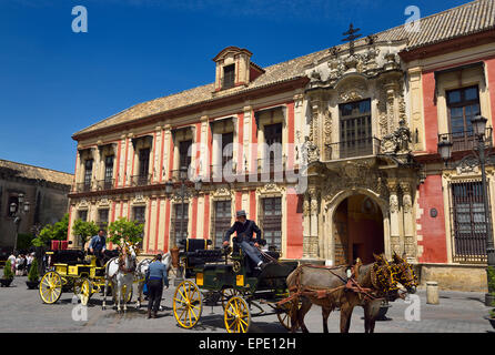 I cavalli di irrigazione di carrozze trainate da cavalli di fronte gli Arcivescovi Palace Siviglia Spagna Foto Stock