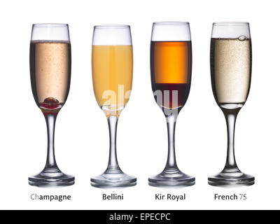 Raccolta dei più famosi cocktail alcolico con vino spumante: Champagne, Bellini, Kir Royal e il francese 75 in bicchieri di flauto Foto Stock