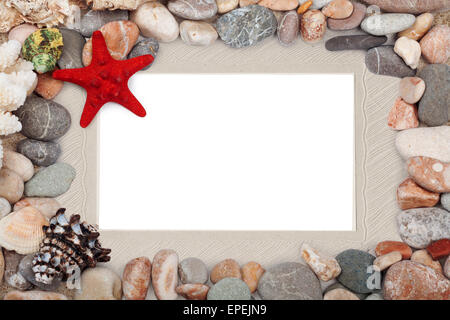 Vintage di carta photo frame con red starfish e ciottoli Foto Stock