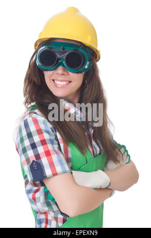 Donna che indossa gli occhiali di protezione nel concetto di sicurezza Foto Stock