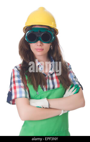 Donna che indossa gli occhiali di protezione nel concetto di sicurezza Foto Stock