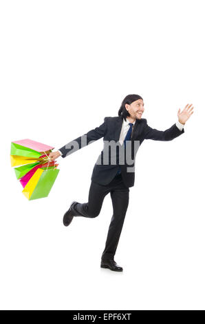 Uomo con shopping bags isolato su bianco Foto Stock