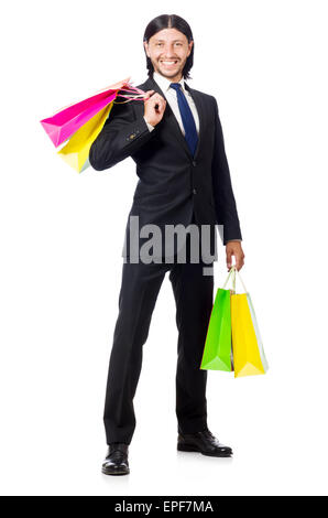 Uomo con shopping bags isolato su bianco Foto Stock