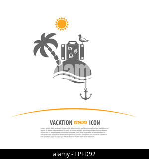 Viaggi, Turismo e vacanze Logo Design modello. Isola con palme, Sun, valigia, seagull e icone di ancoraggio Foto Stock