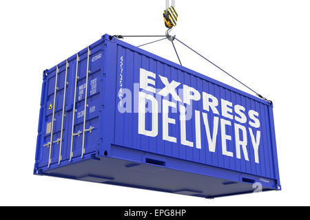 Express Consegna -Blu contenitore di carico sollevato dal gancio, isolati su sfondo bianco. Foto Stock