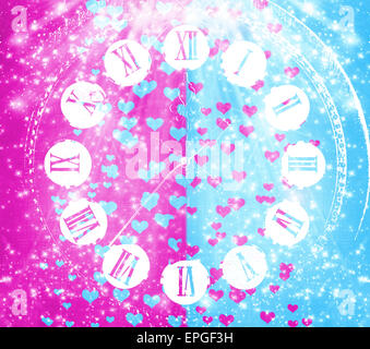 Antico orologio su abstract sfondo multicolore con sfocatura bokeh e cuori per la progettazione Foto Stock