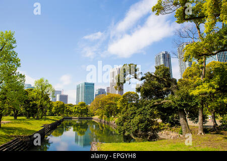 Hama Rikyu gardens con grattacieli in background Foto Stock