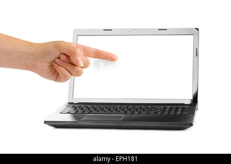 Computer notebook e mano di puntamento Foto Stock