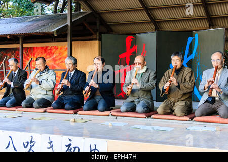 Giappone, Nishinomiya, Santuario di Koshiki-wa. Fila di anziani, uomini anziani in giacca inginocchiati su un palco che suona flauto recital per le celebrazioni del nuovo anno. Foto Stock