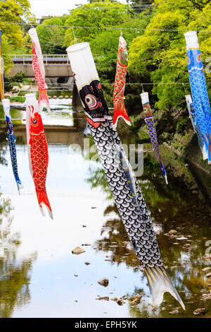 Striscioni di carpe Koinobori, calze a vento, appesi su un fiume a Kobe in Giappone. Volato per celebrare il Tango no sekku per la giornata dei bambini, kodomo no Hi, il 5 maggio. Foto Stock