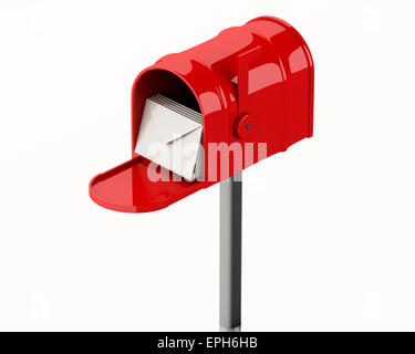 3d'illustrazione. Rosso nella casella di posta con il mucchio di lettere. Isolato sfondo bianco Foto Stock