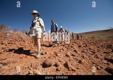 Africa, Namibia. Escursione di un giorno il monitoraggio del deserto rinoceronte nero. Gli escursionisti a piedi Foto Stock