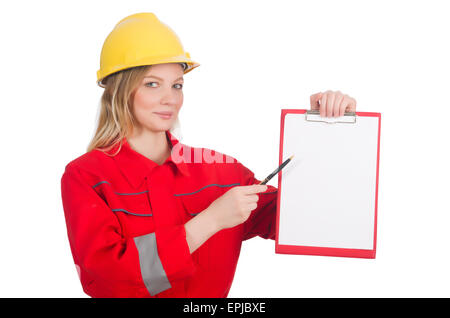 La donna nel concetto industriale isolato su bianco Foto Stock