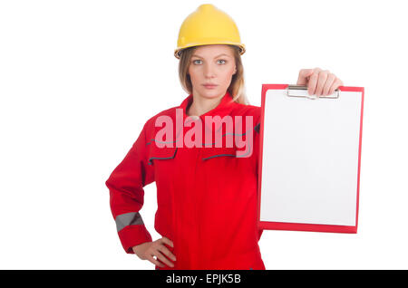 La donna nel concetto industriale isolato su bianco Foto Stock