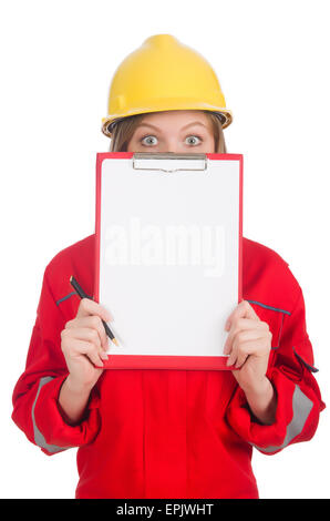 La donna nel concetto industriale isolato su bianco Foto Stock