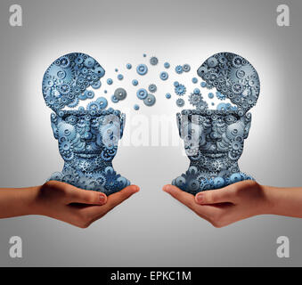 La tecnologia di condivisione il concetto di business come mani due teste umane fatte di ingranaggi e ruote cog lo scambio di informazioni come un simbolo e metafora finanziaria per comprare e vendere o condividere i dati da una società all'altra. Foto Stock