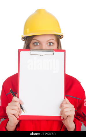 La donna nel concetto industriale isolato su bianco Foto Stock