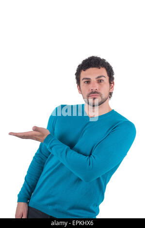 Uomo in blu tenendo un palmo fino Foto Stock
