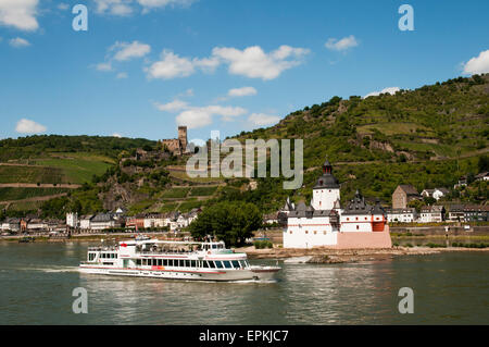 Pfalzgrafenstein su di un isola del Reno e del castello di Kaub Renania-Palatinato, Germania, Europa Foto Stock