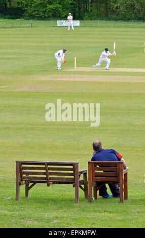 Villaggio partita di cricket a Tas-Valley Cricket Ground, Flordon, Norfolk, Inghilterra. Un uomo guarda Foto Stock