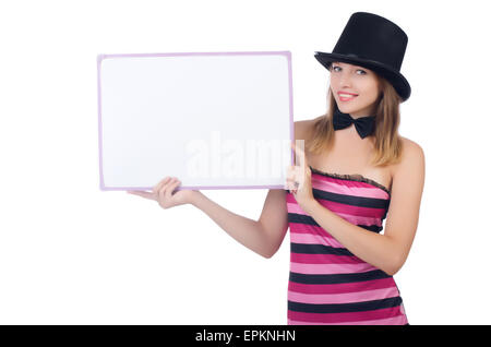 Una giovane donna con cappello isolato su bianco Foto Stock