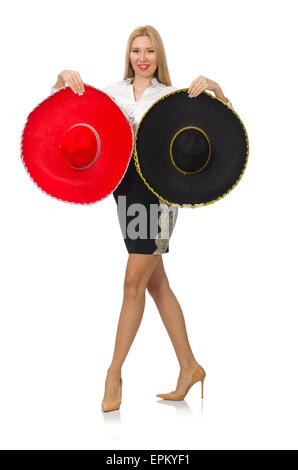 Donna che indossa sombrero isolato su bianco Foto Stock